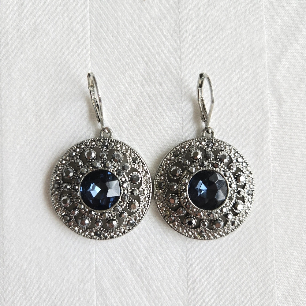 Silver tone Blue stone Regency Victorian inspired lever back round drop earrings